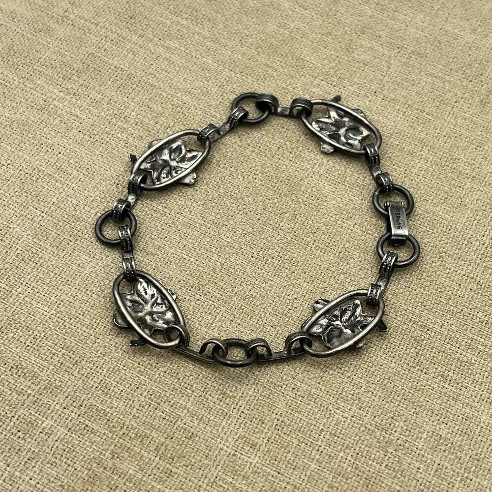 Vintage 1940s art deco Sterling silver plumeria chain link Bracelet - Picture 6 of 10